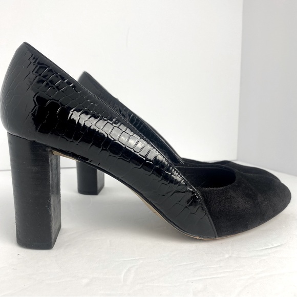TAHARI Sz 8M Elvira‎ Suede Faux Reptile Patent Leather Block Heel Pump Black - Picture 1 of 10